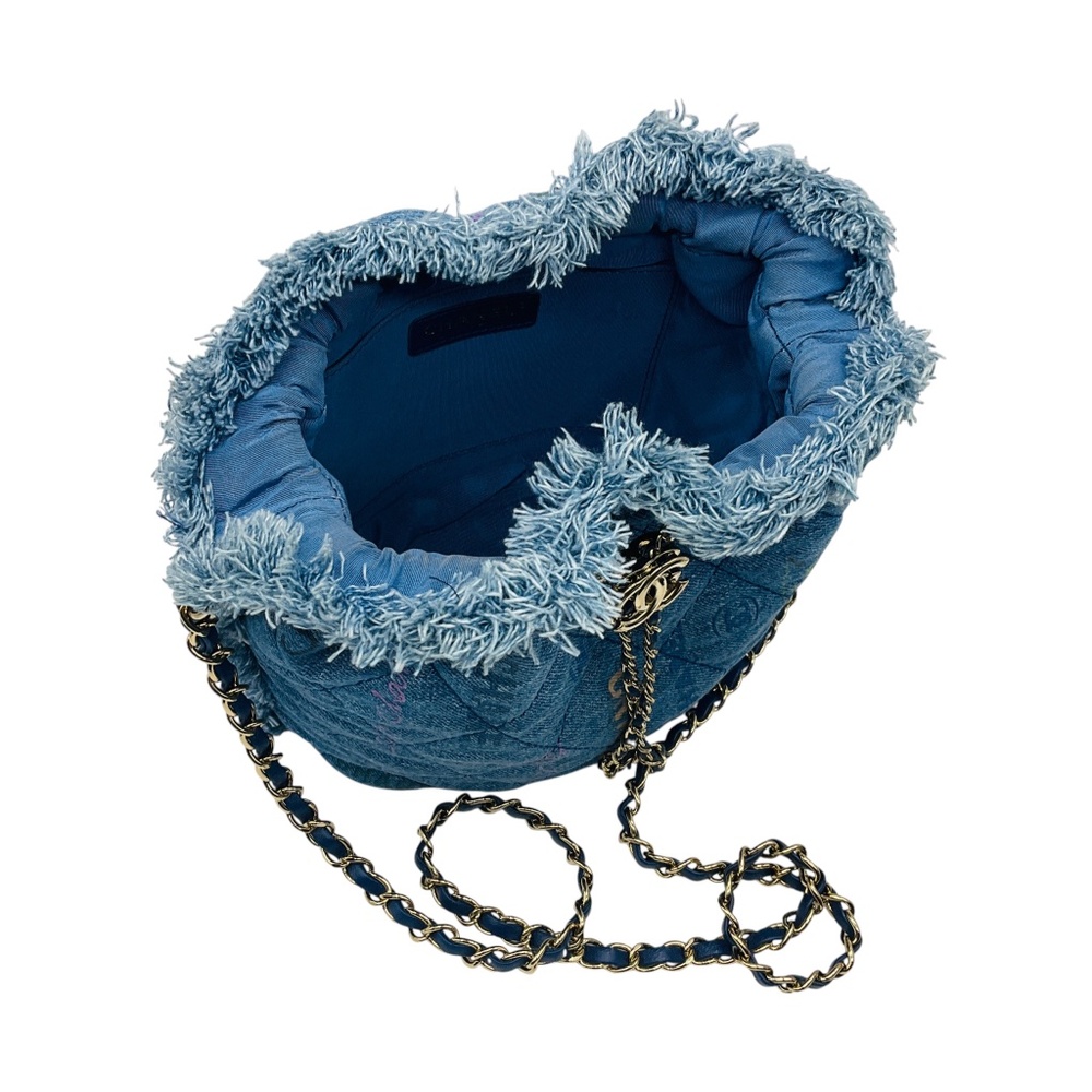 CHANEL 2022 BLUE MULTI QUILTED FRINGED LOGO PRINTED DENIM MOOD CHAIN MINI SHOULD - Picture 10 of 13
